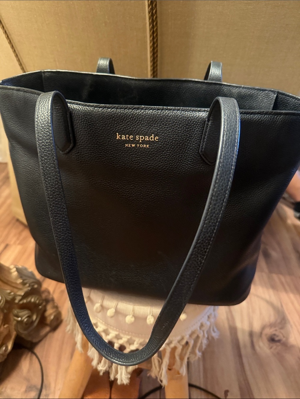 kate spade New York Black Leather Tote Bag with pouch